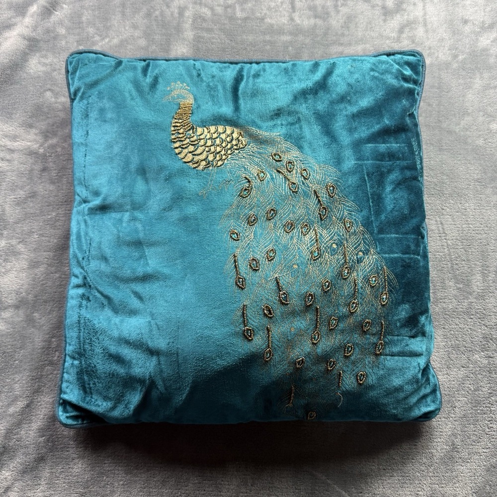 Pier 1 Decorative Throw Pillow Teal Blue Peacock Embroidered Beaded Glam